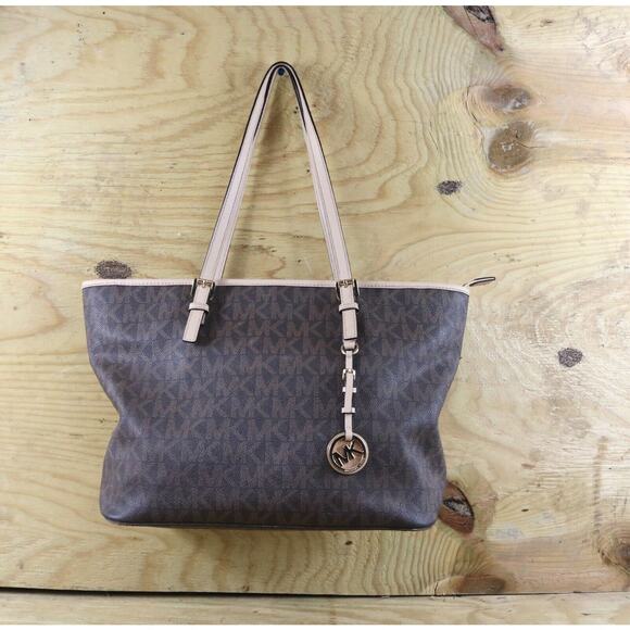 Michael Kors Bag Jet Set Signature Brown Logo Monogram Tote Shoulder Large - Picture 1 of 12